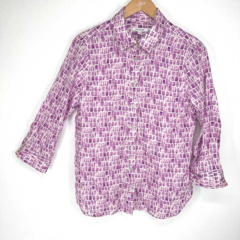 Chicos Purple Mosaic Print 100% Linen Button Down Shirt 3/4 Sleeve 0.5 Small